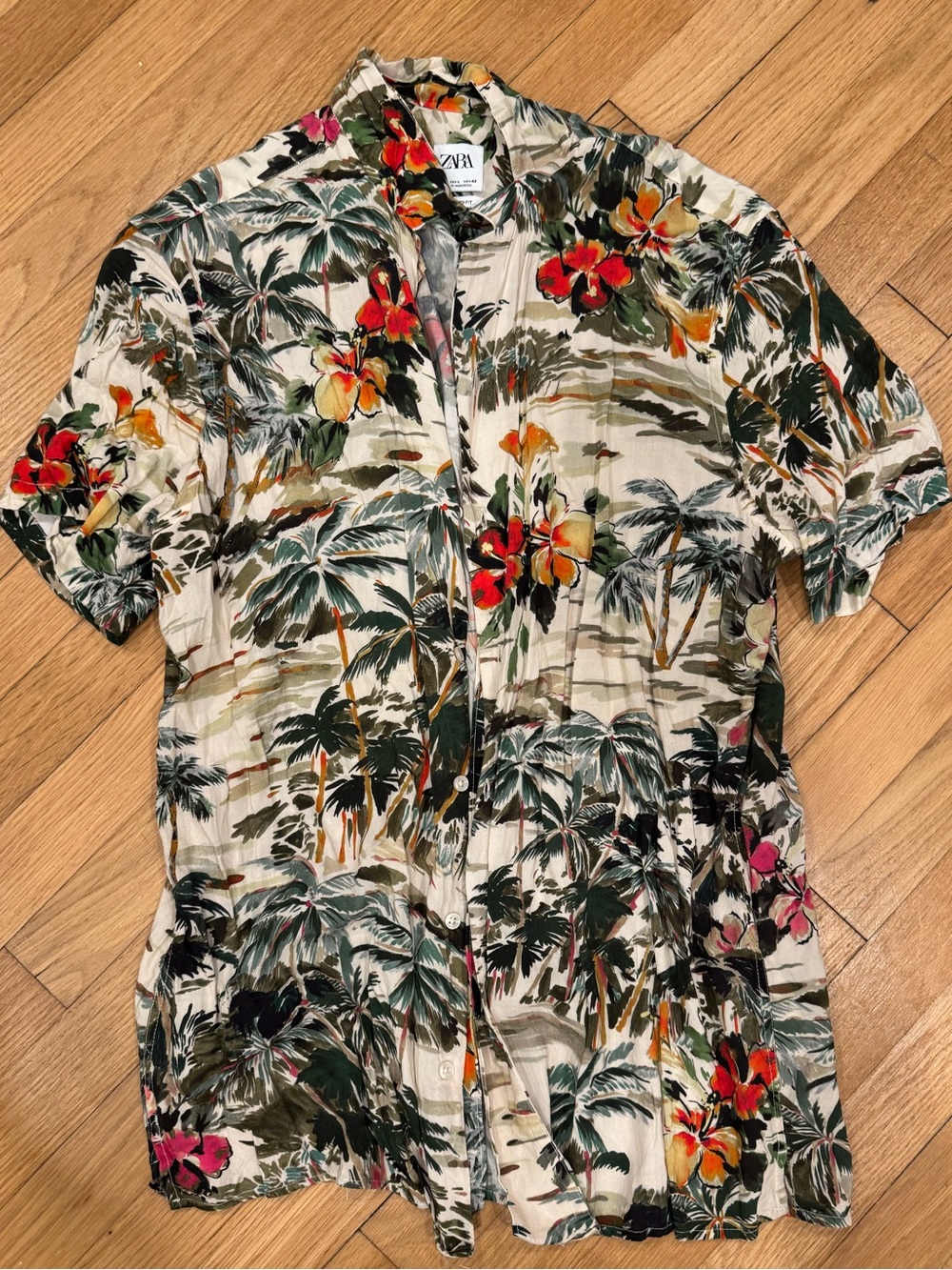 Zara Cream Tropical Print Shirt with Green and Orange Accents